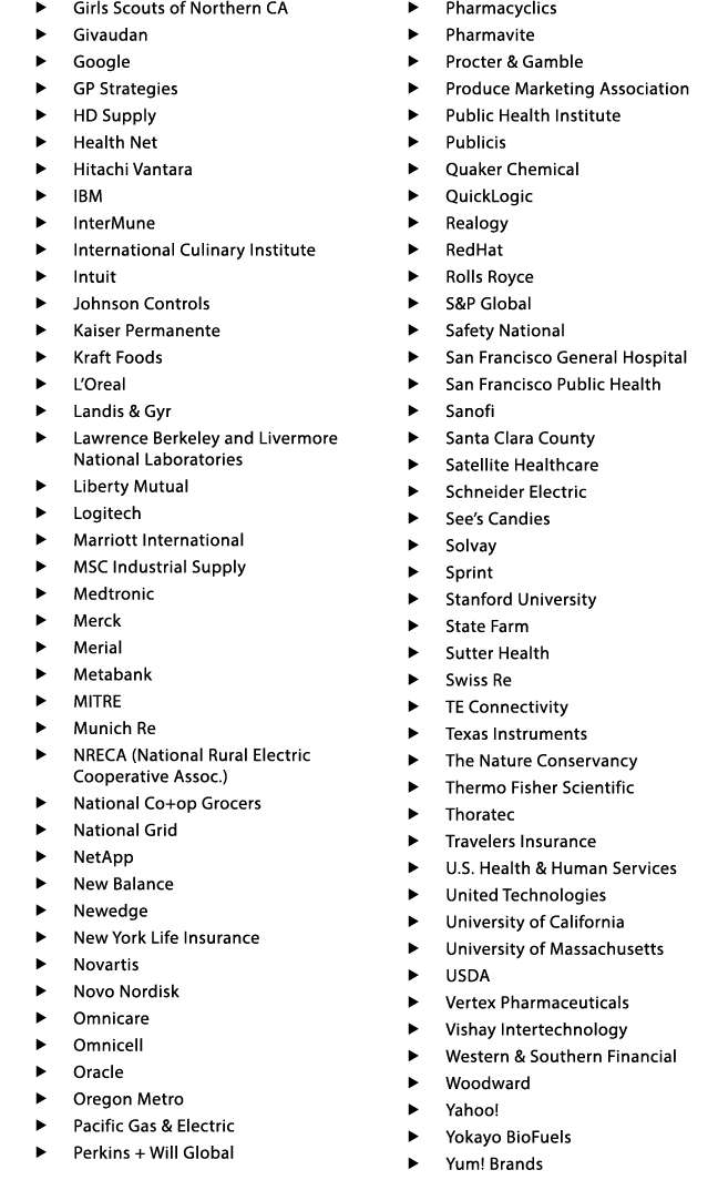   Girls Scouts of Northern CA   Givaudan   Google   GP Strategies   HD Supply   Health Net   Hitachi Vantara   IBM      