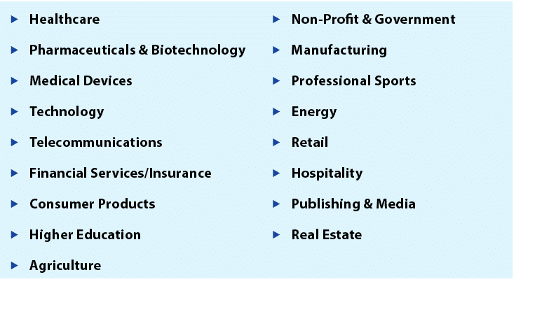 Healthcare Non-Profit & Government Pharmaceuticals & Biotechnology Manufacturing Medical Devices Professional Sports Technology  Energy Telecommunications Retail Financial Services Insurance Hospitality Consumer Products Publishing & Media Higher Education Real Estate Agriculture