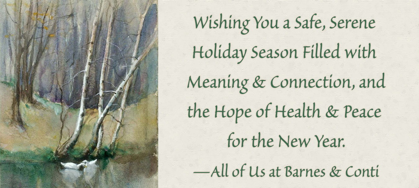 Holiday Greeting Image: Wishing You a Safe, Serene Holiday Season Filled with Meaning & Connection, with the Hope of Health & Peace for the New Year.All of Us at Barnes & Conti