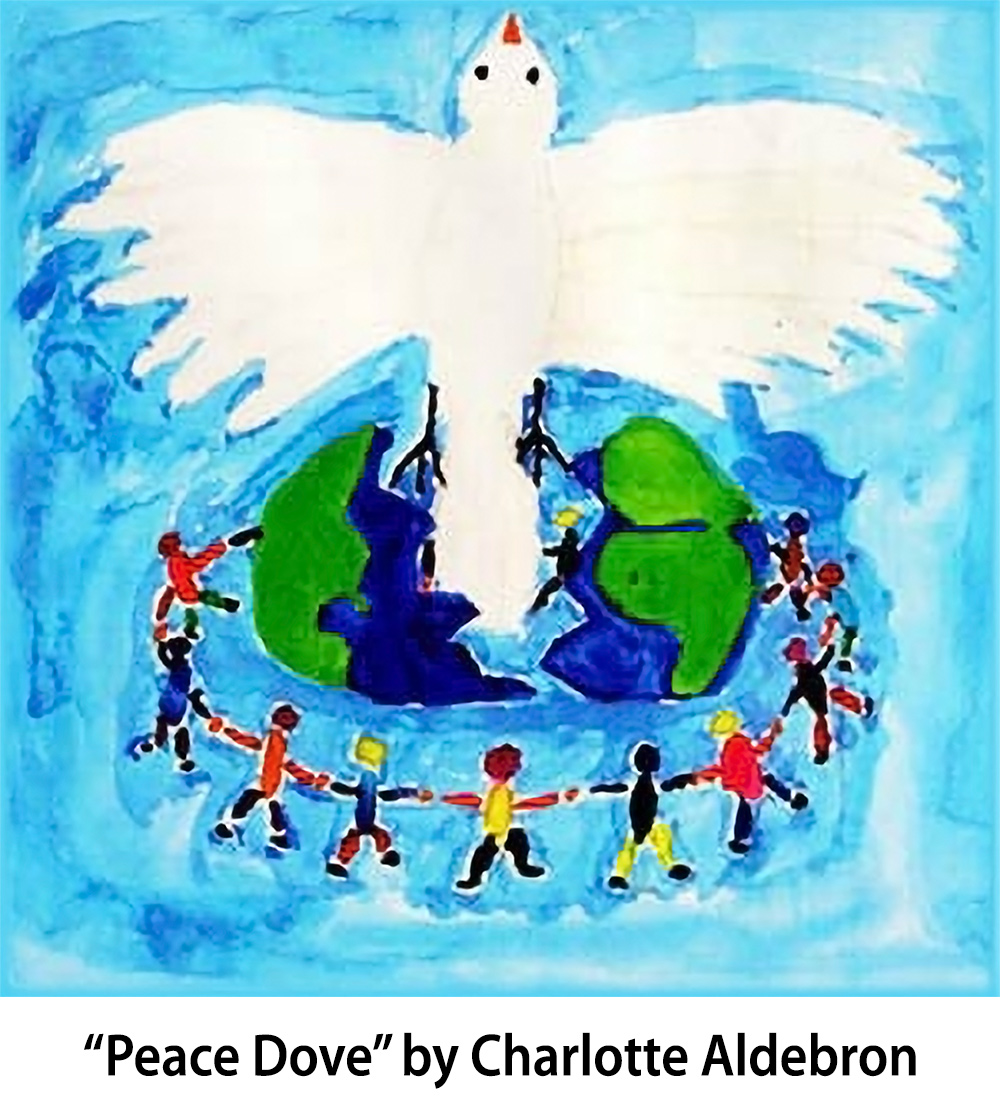 Image: Earth hatching a peace dove with children dancing around it. Drawing by Charlotte Aldebron